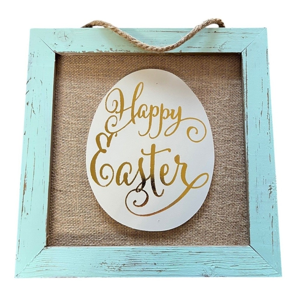 Happy Easter Gold Script Farmhouse Wall Sign – Aqua Frame Burlap Spring Decor